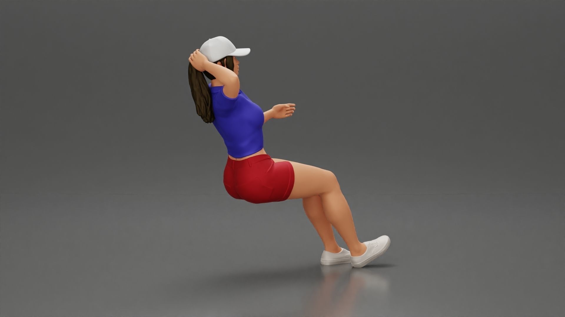 beautiful girl in cap and shorts sitting and drinking 3D print model_1