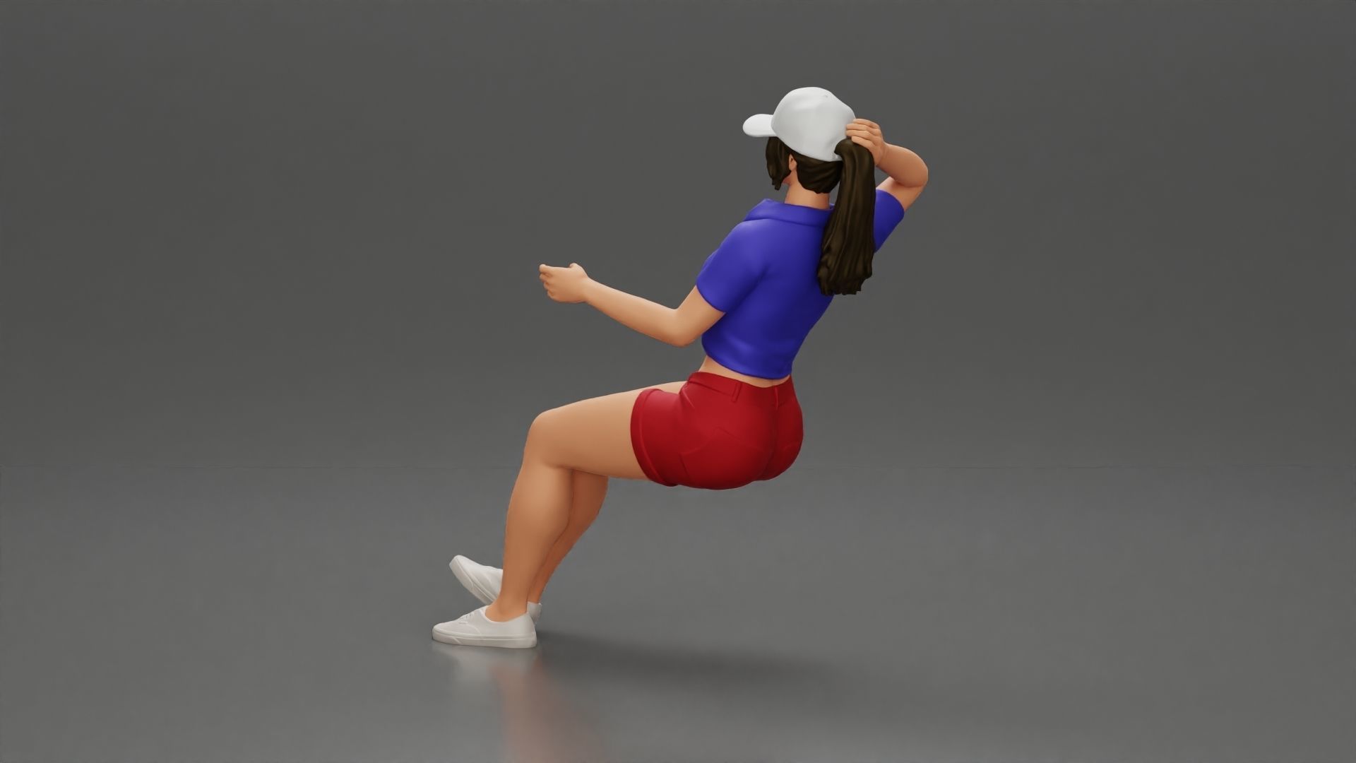 beautiful girl in cap and shorts sitting and drinking 3D print model_3