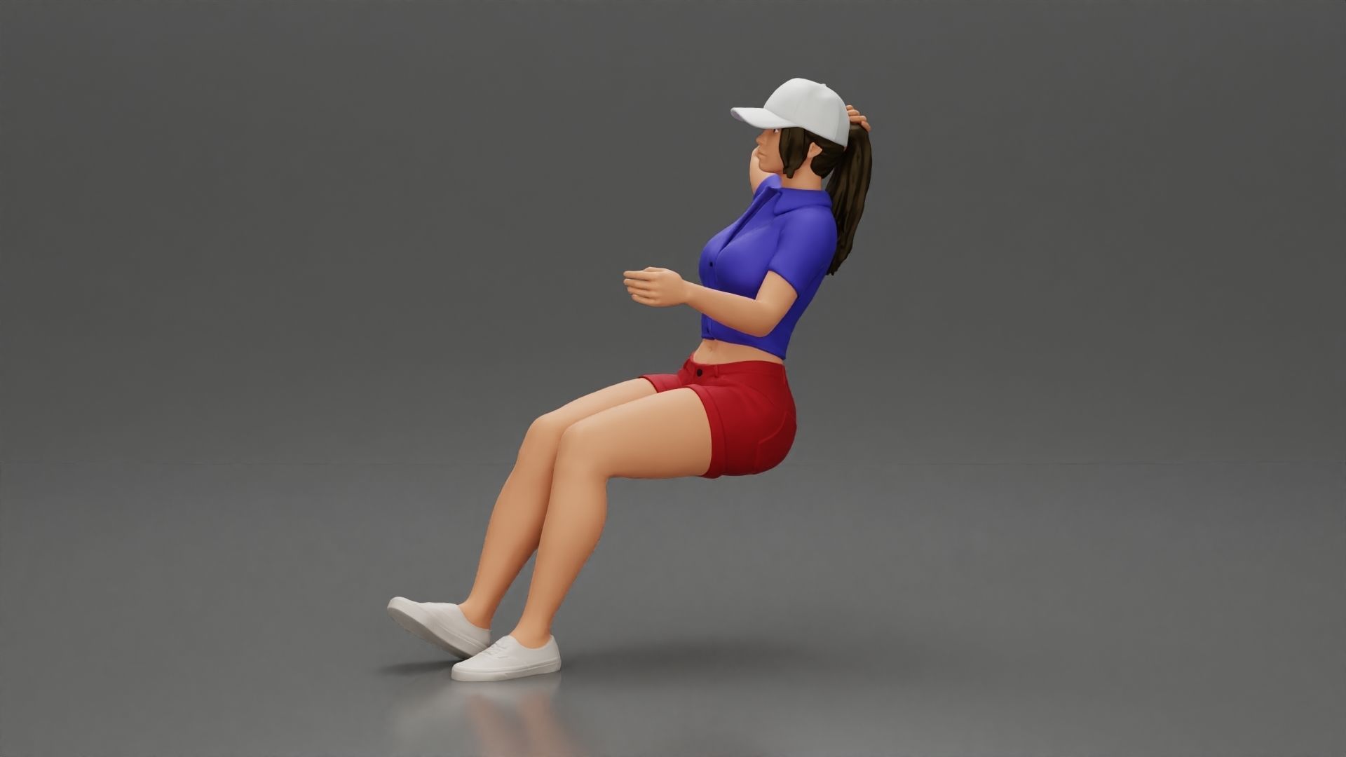 beautiful girl in cap and shorts sitting and drinking 3D print model_4