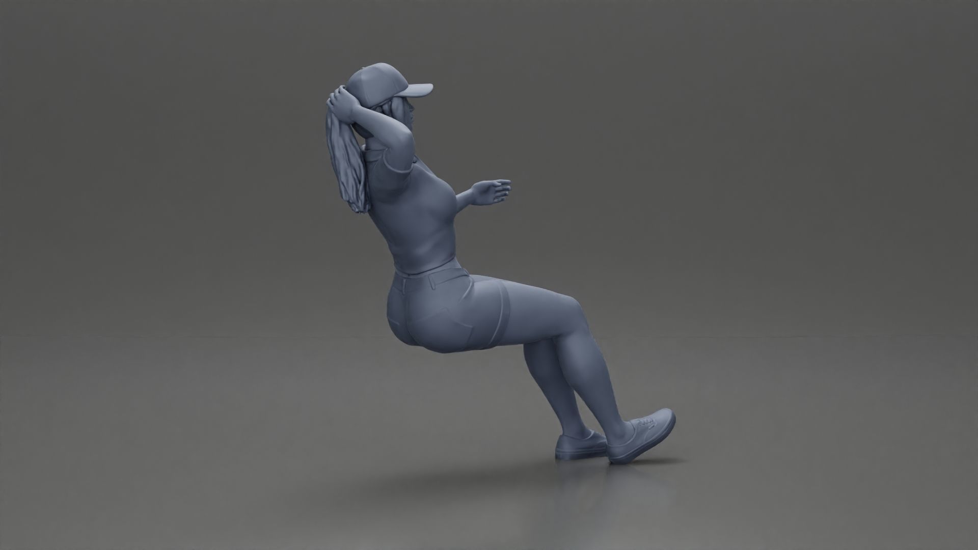 beautiful girl in cap and shorts sitting and drinking 3D print model_7