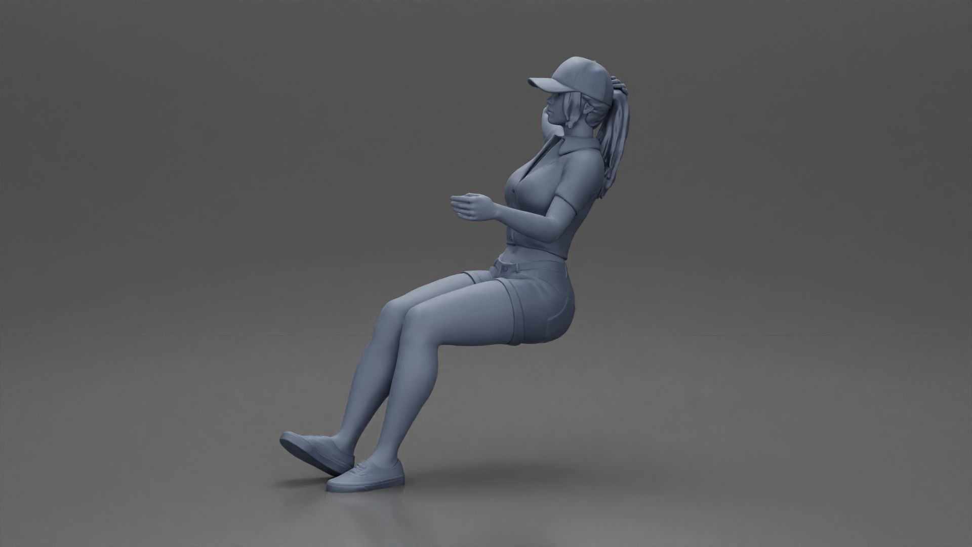 beautiful girl in cap and shorts sitting and drinking 3D print model_10