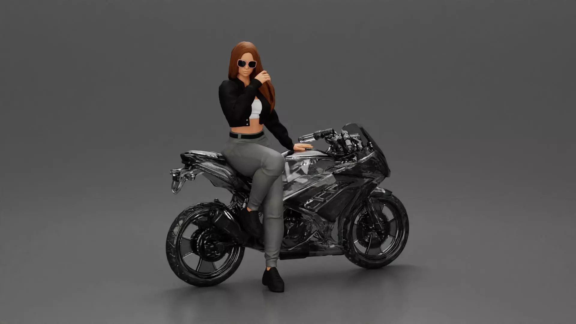 Girl in sunglasses and mini jacket sitting on the motorbike 3D print model_0