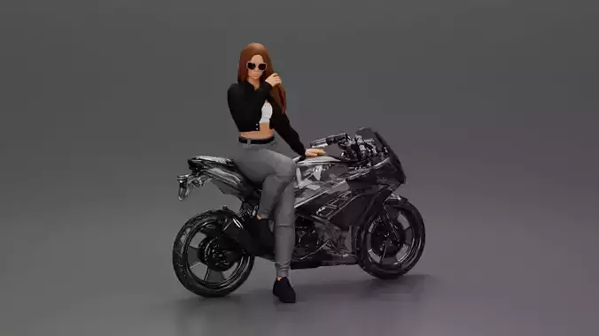 Girl in sunglasses and mini jacket sitting on the motorbike 3D print model