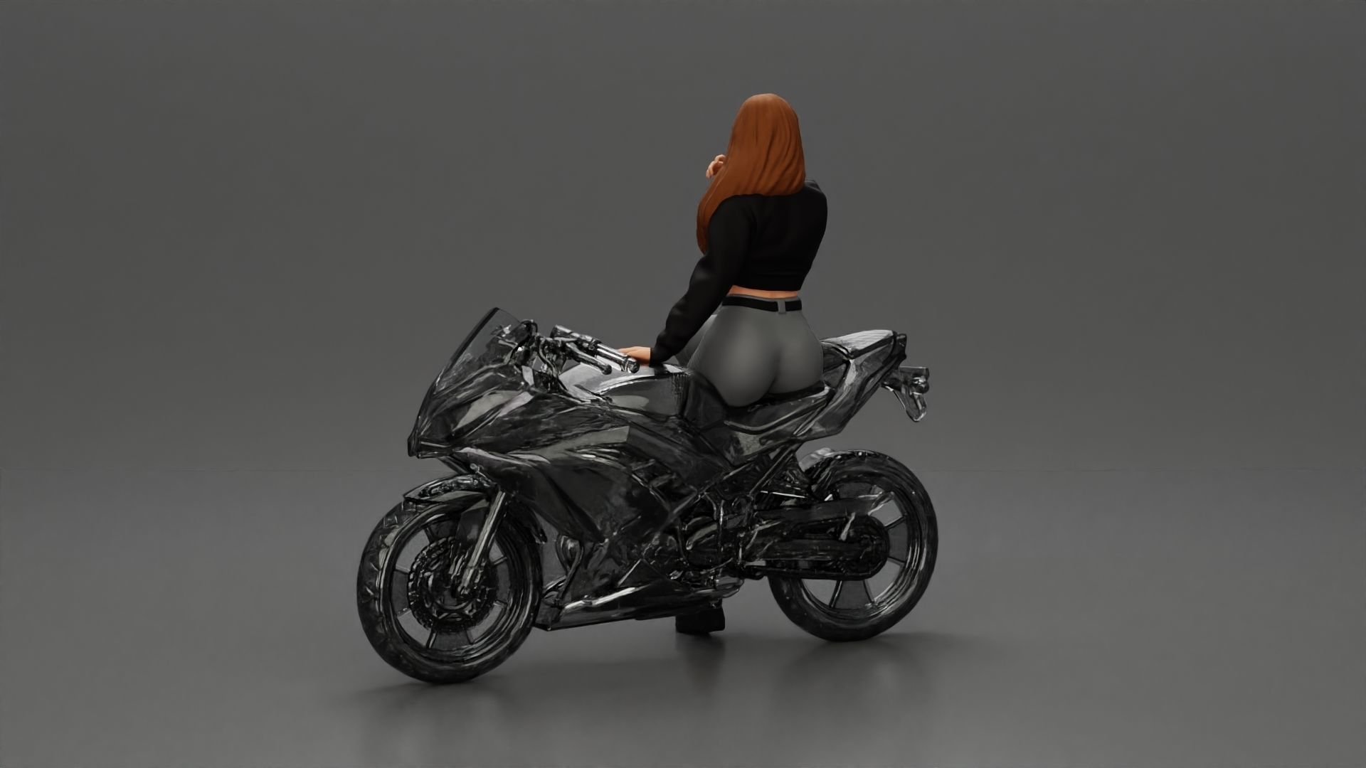 Girl in sunglasses and mini jacket sitting on the motorbike 3D print model_13