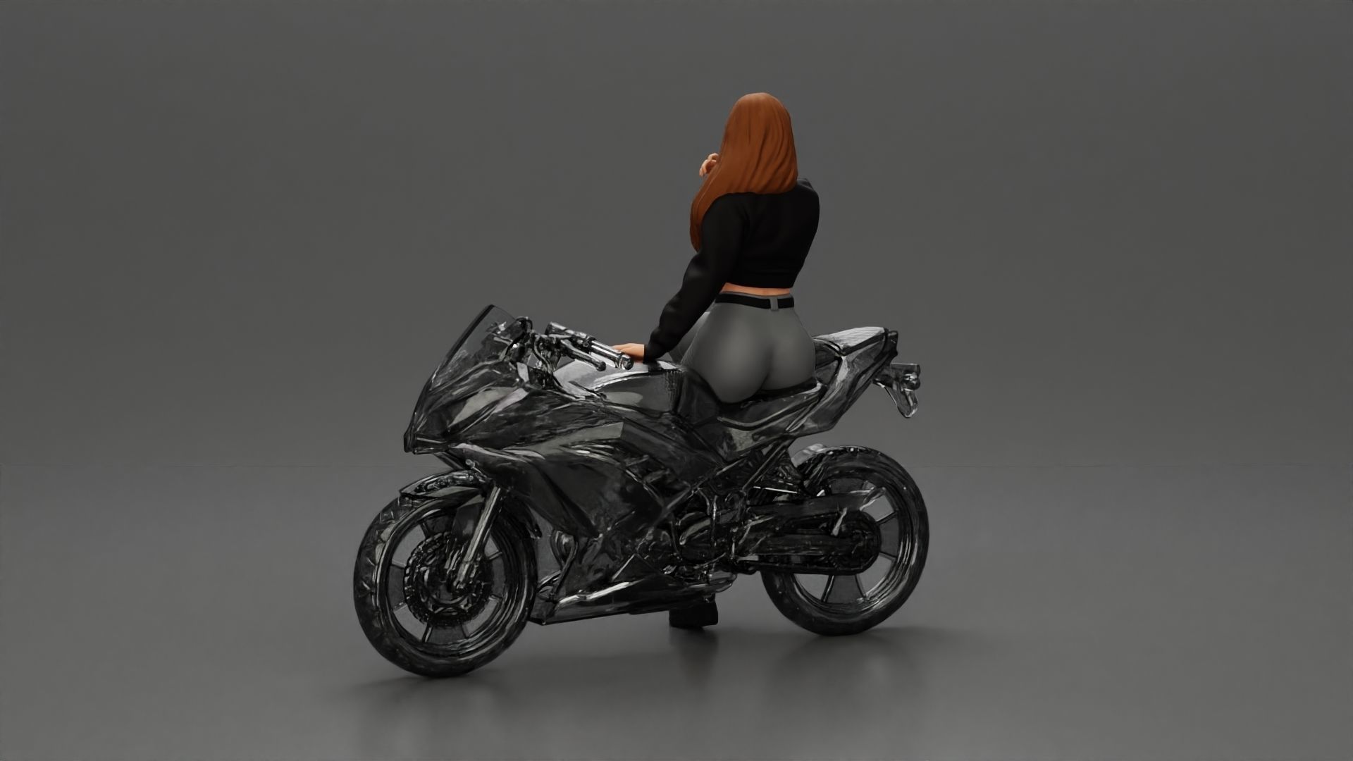 Girl in sunglasses and mini jacket sitting on the motorbike 3D print model_6