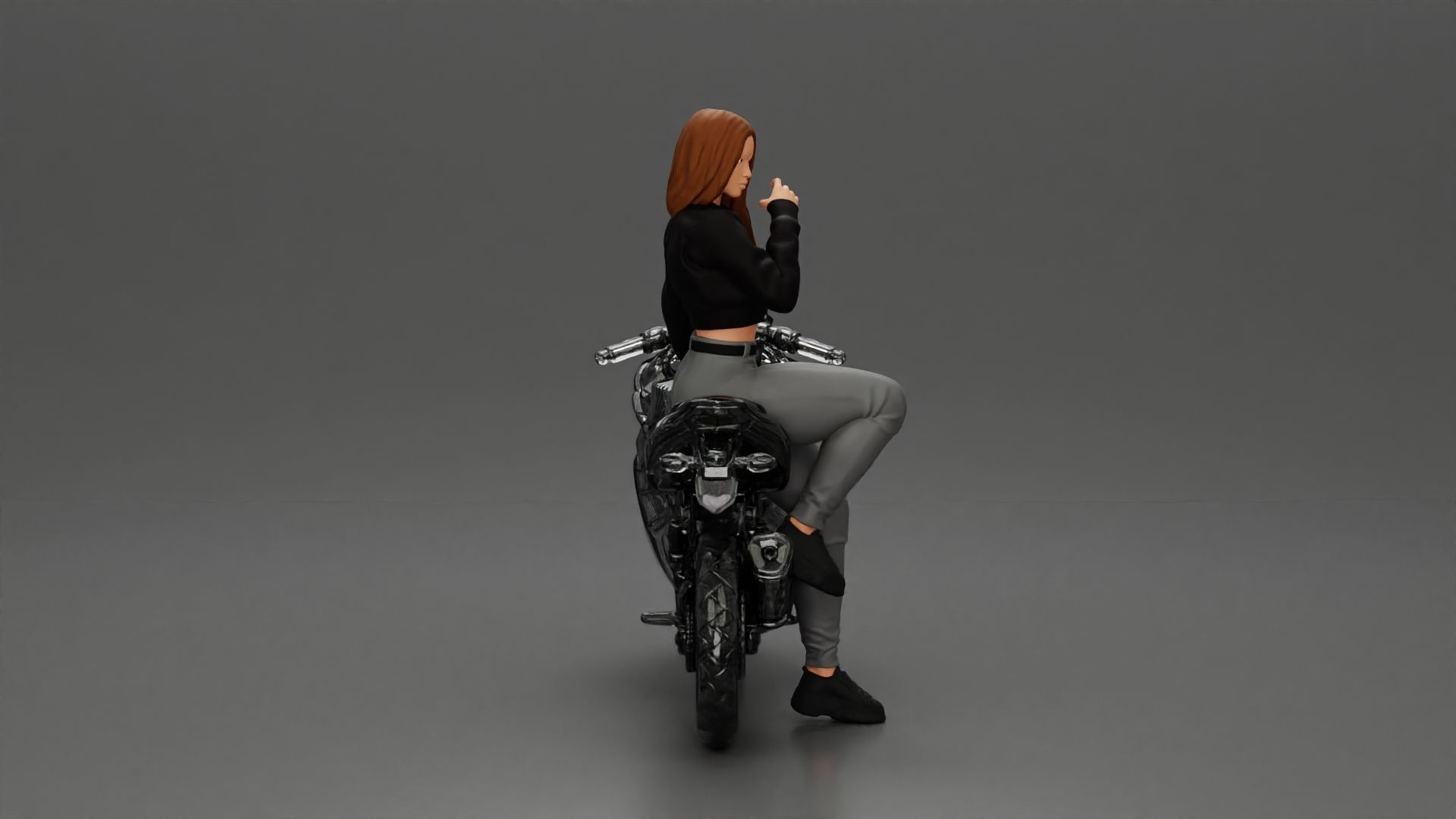Girl in sunglasses and mini jacket sitting on the motorbike 3D print model_4
