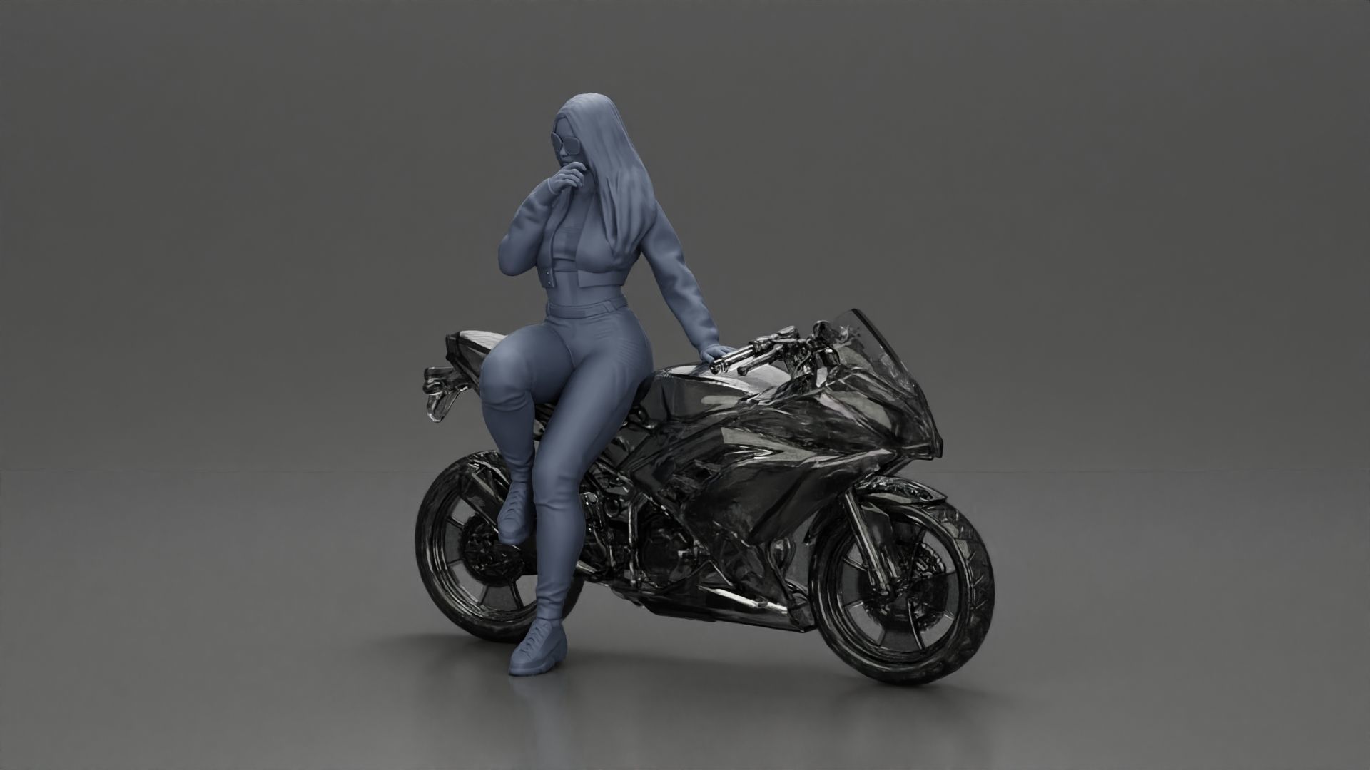 Girl in sunglasses and mini jacket sitting on the motorbike 3D print model_23