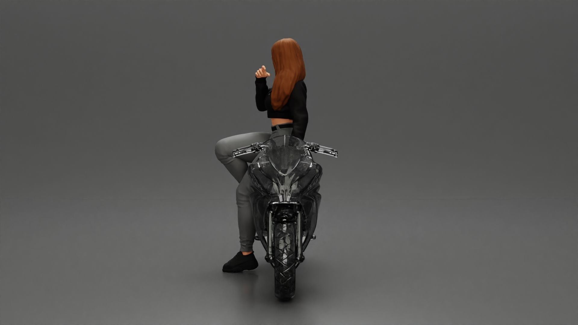 Girl in sunglasses and mini jacket sitting on the motorbike 3D print model_12