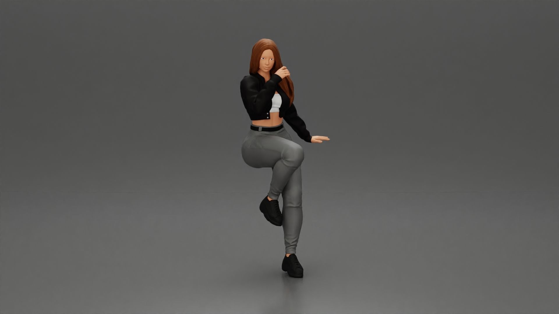 Girl in sunglasses and mini jacket sitting on the motorbike 3D print model_3