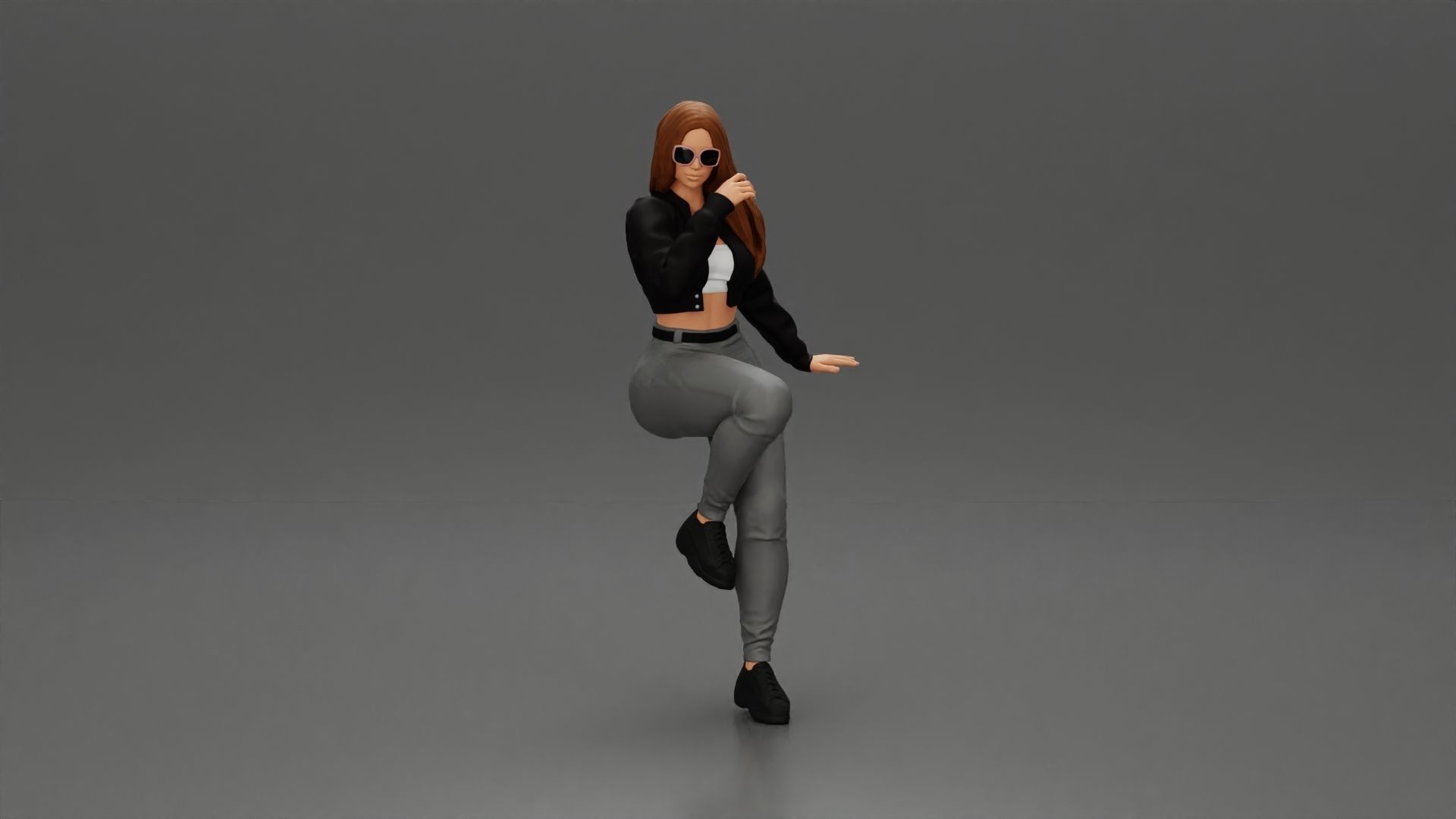 Girl in sunglasses and mini jacket sitting on the motorbike 3D print model_2