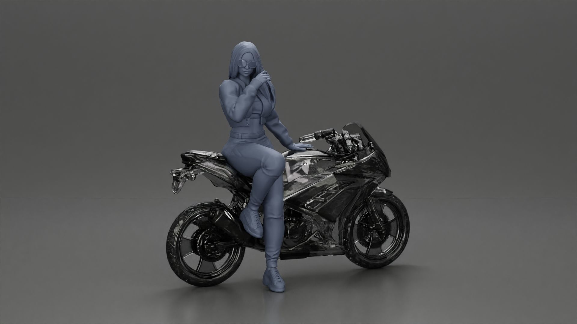 Girl in sunglasses and mini jacket sitting on the motorbike 3D print model_20