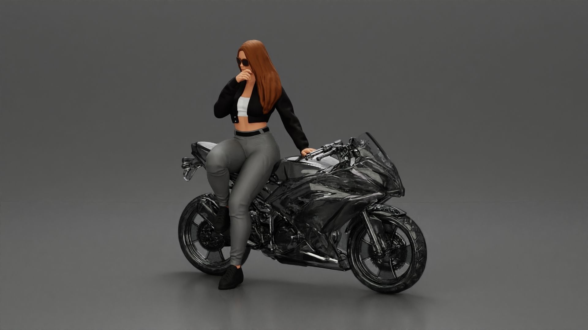Girl in sunglasses and mini jacket sitting on the motorbike 3D print model_11