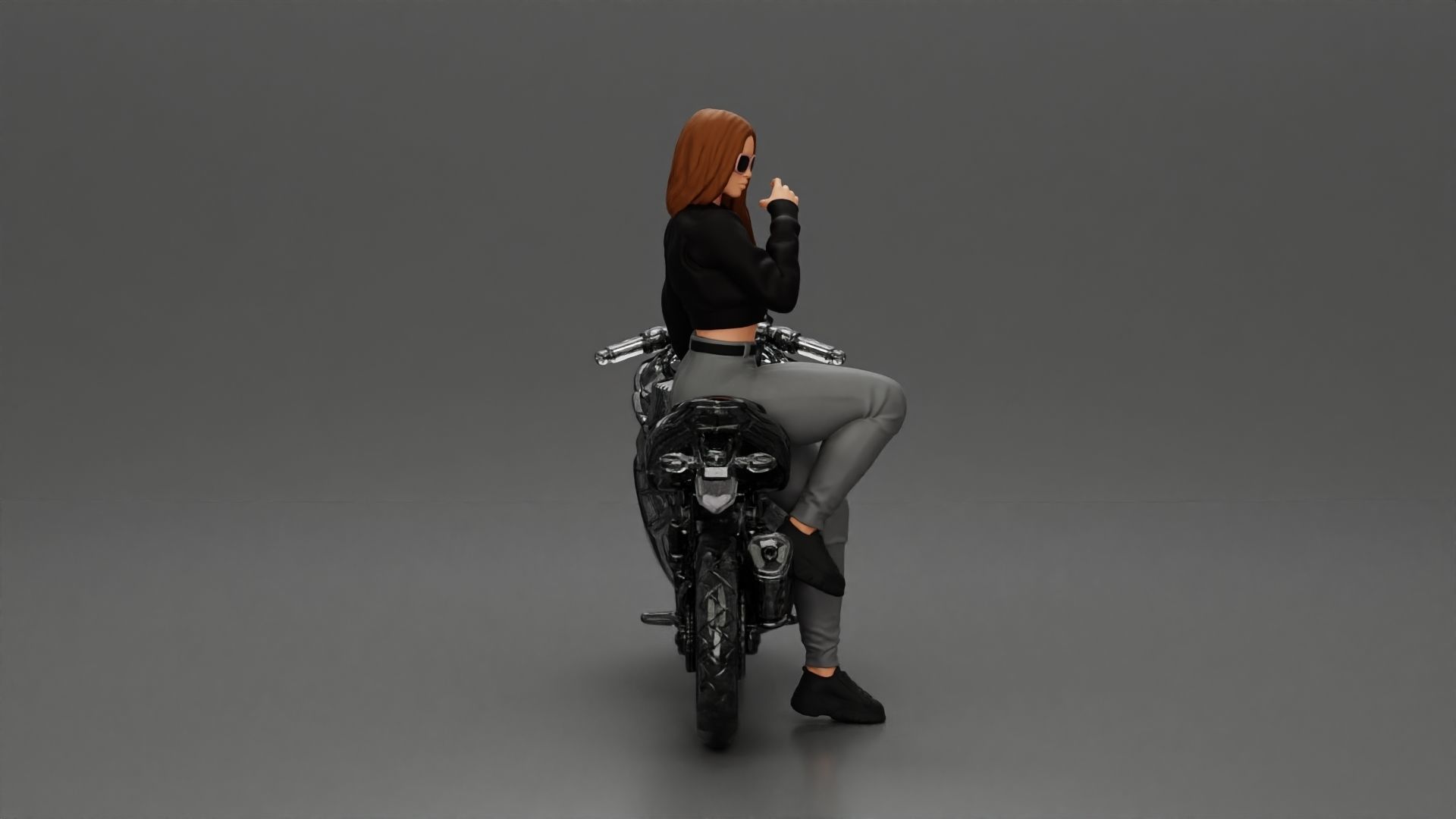 Girl in sunglasses and mini jacket sitting on the motorbike 3D print model_7