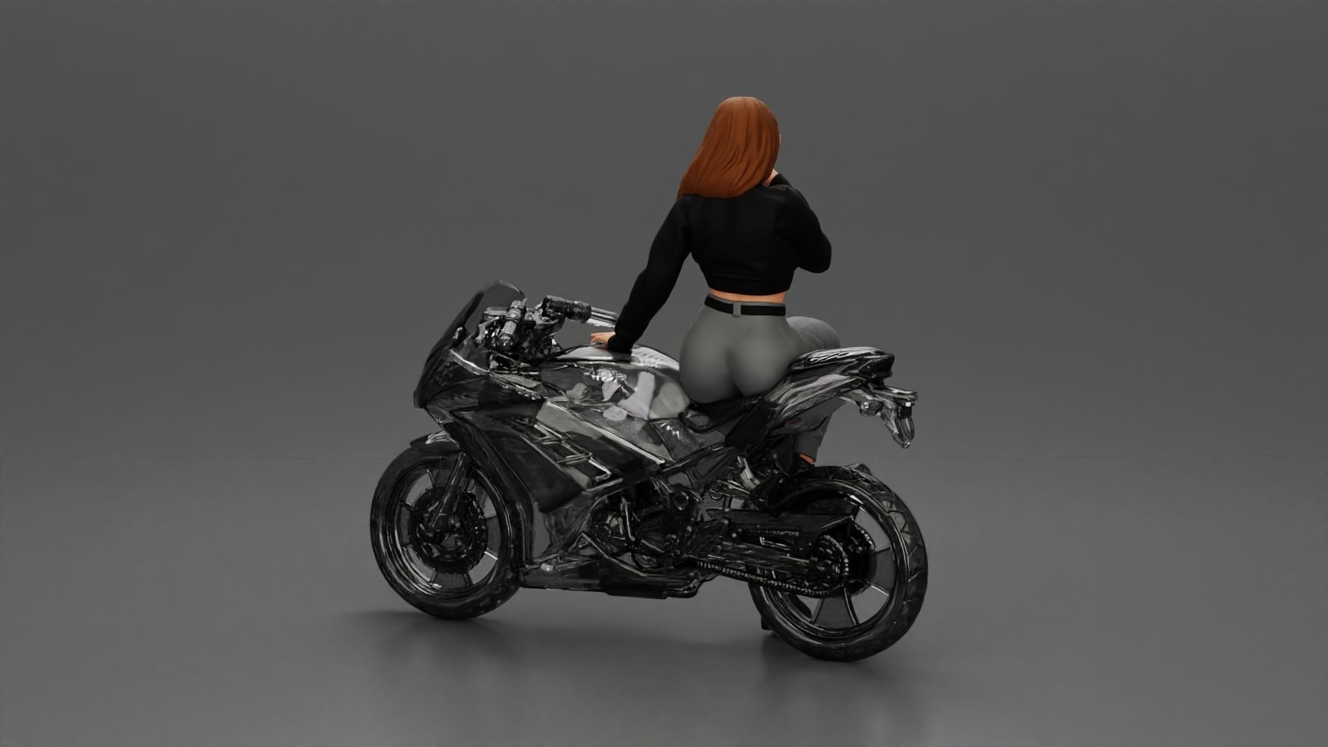 Girl in sunglasses and mini jacket sitting on the motorbike 3D print model_10