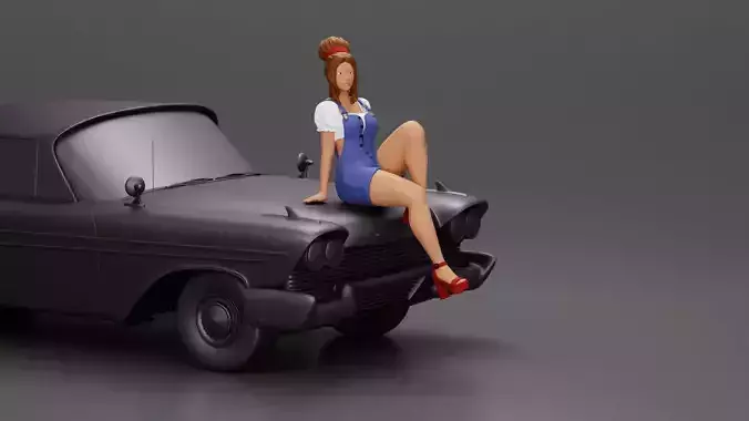 sexy girl in short denim overalls heels is sitting on the car