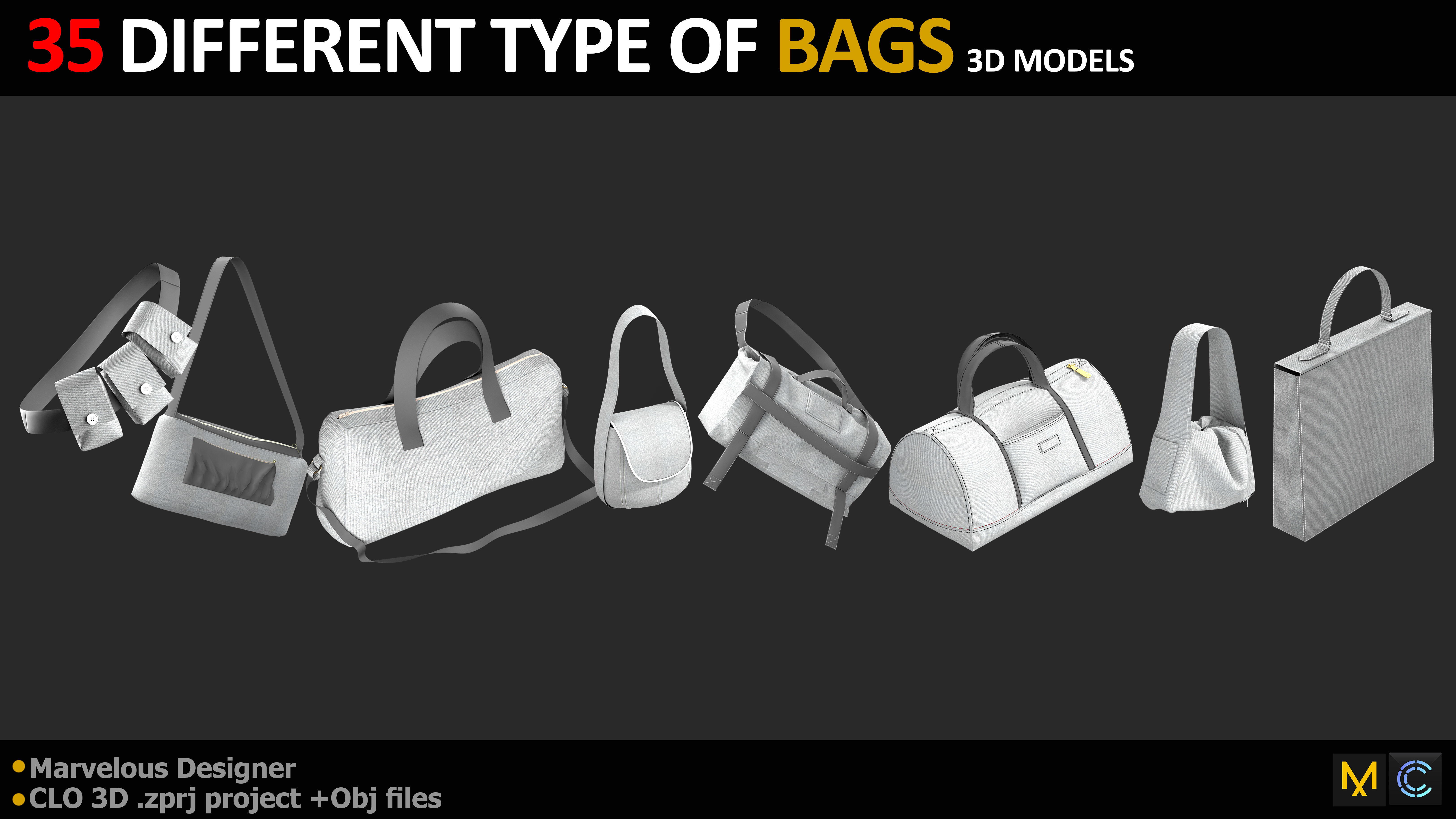 35 DIFFERENT TYPE OF BAGS BACKPACK BRIEFCASE PURSE Low-poly 3D model_5