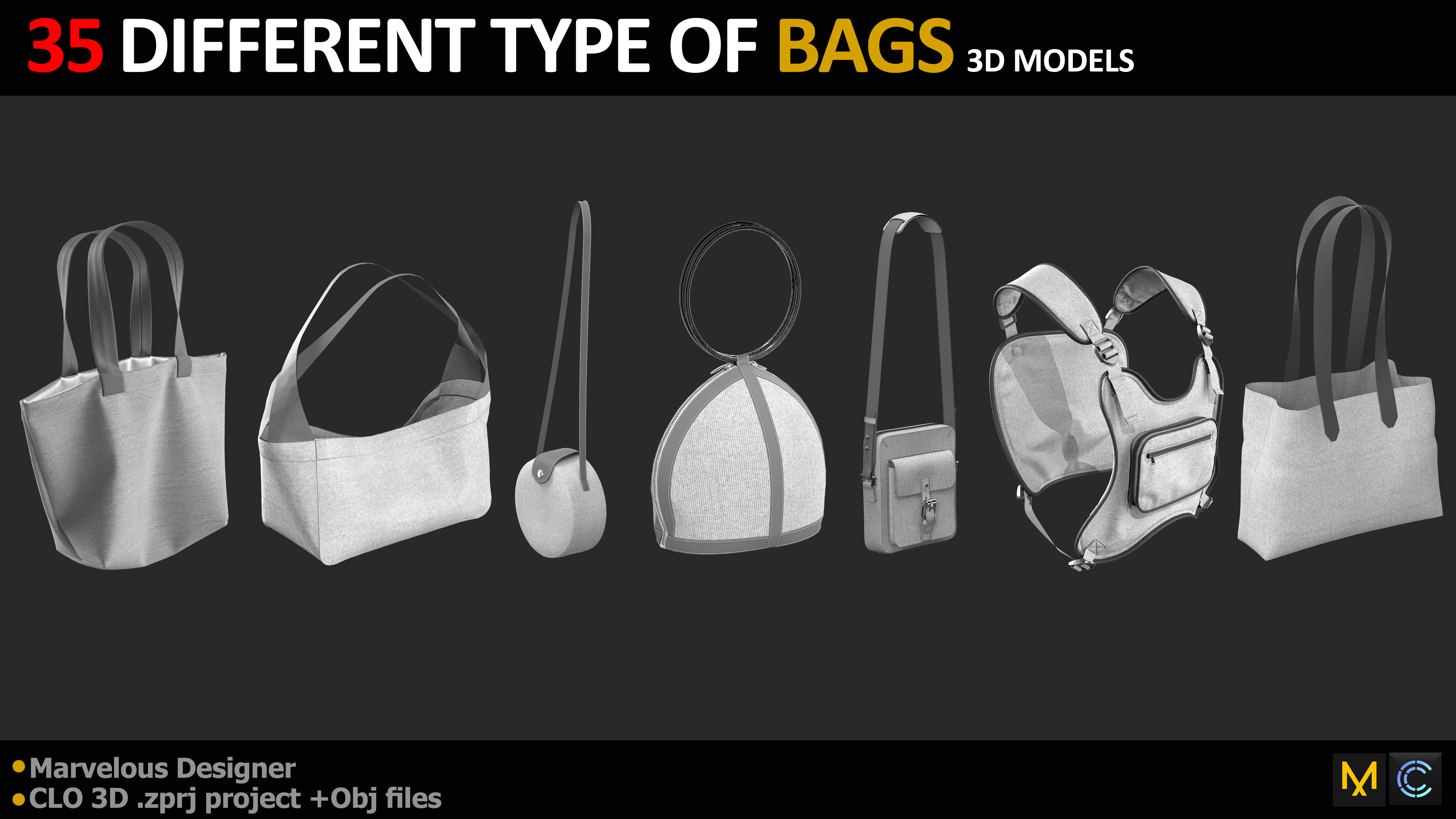 35 DIFFERENT TYPE OF BAGS BACKPACK BRIEFCASE PURSE Low-poly 3D model_2