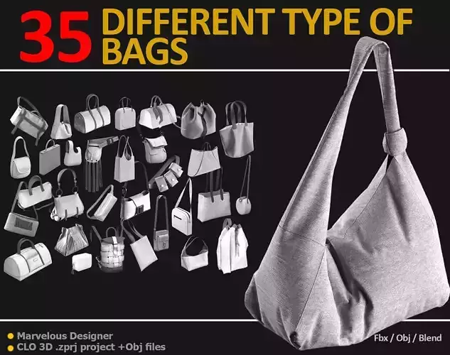35 DIFFERENT TYPE OF BAGS BACKPACK BRIEFCASE PURSE Low-poly 3D model
