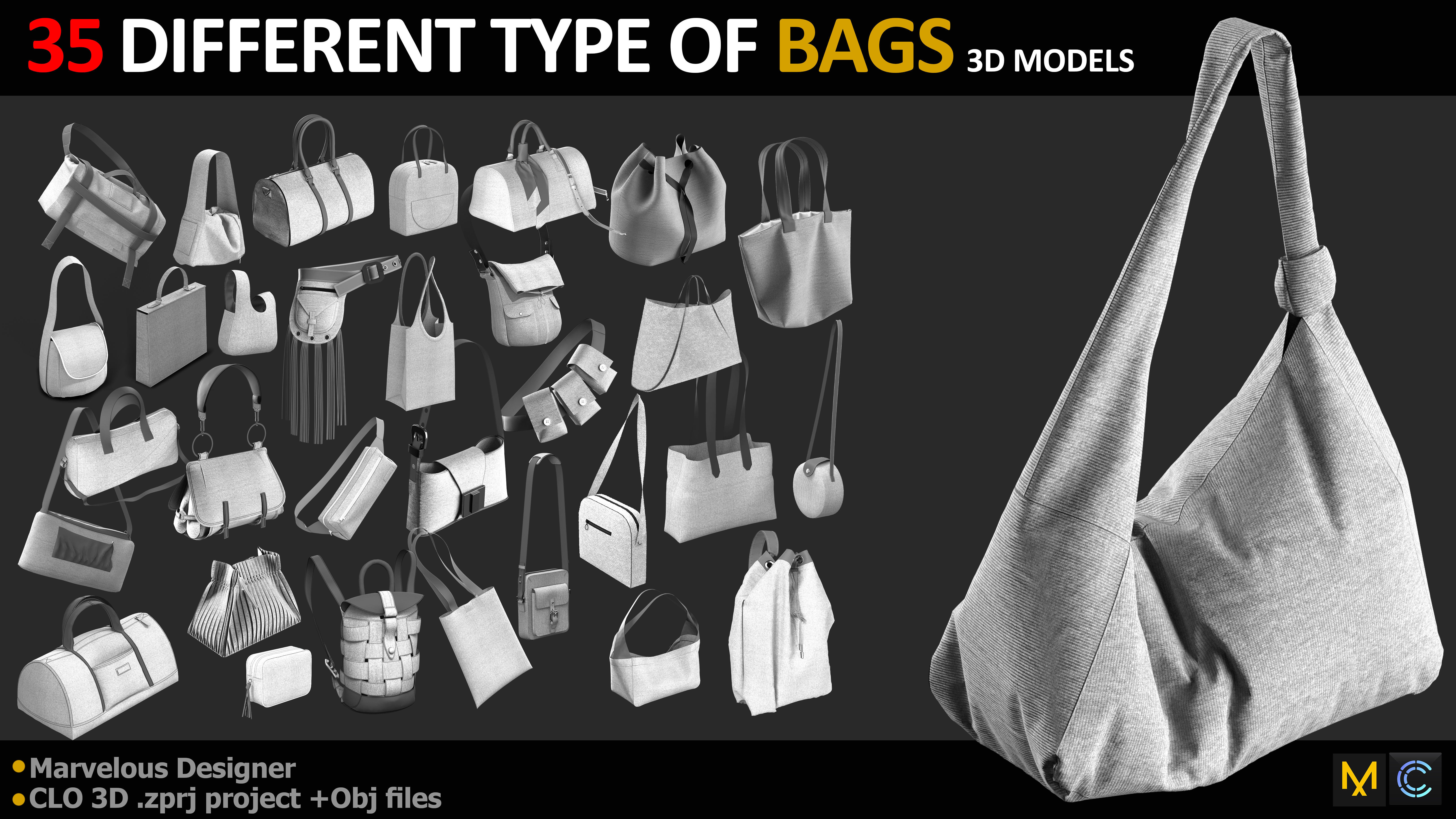 35 DIFFERENT TYPE OF BAGS BACKPACK BRIEFCASE PURSE Low-poly 3D model_6