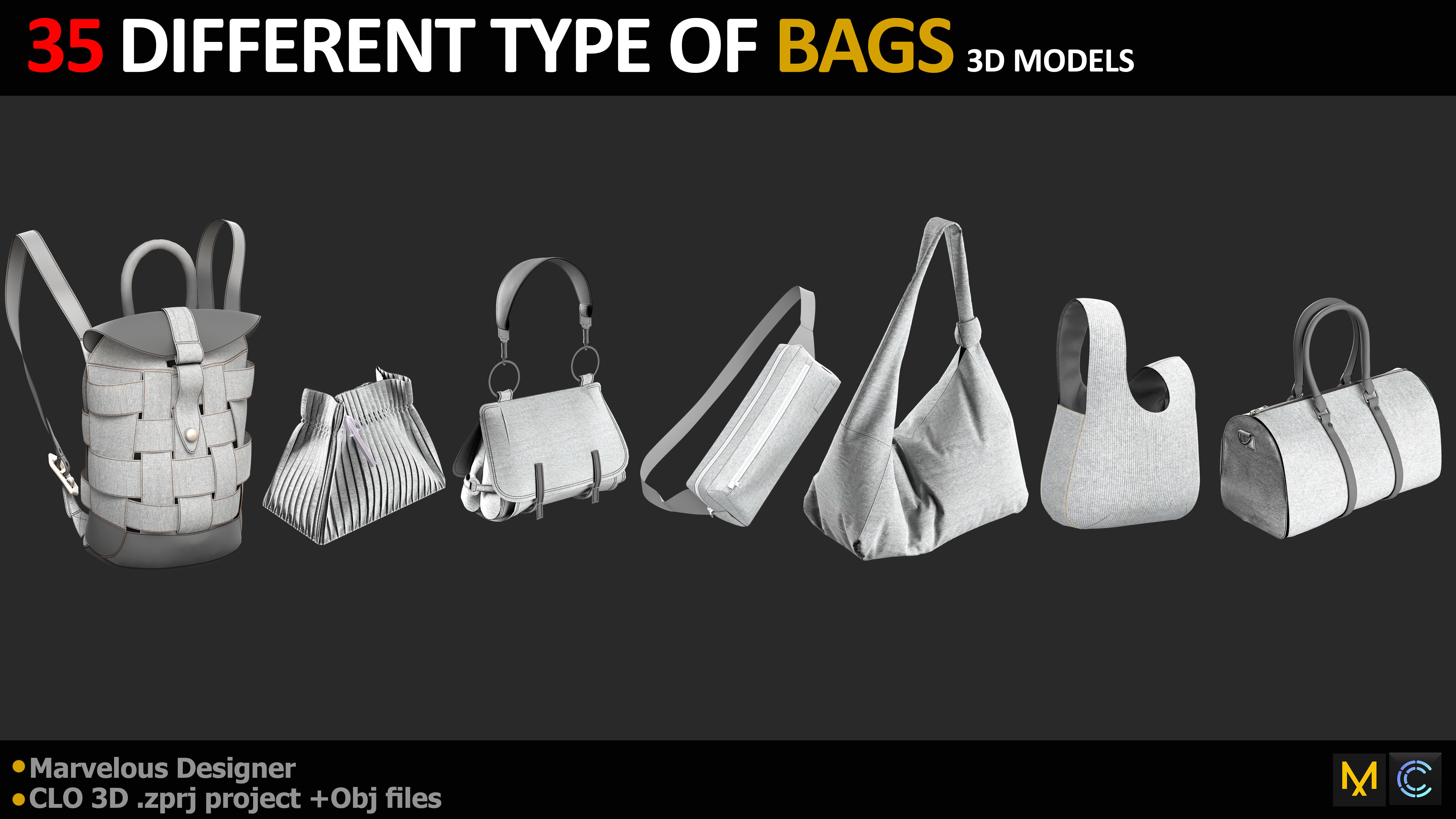 35 DIFFERENT TYPE OF BAGS BACKPACK BRIEFCASE PURSE Low-poly 3D model_4