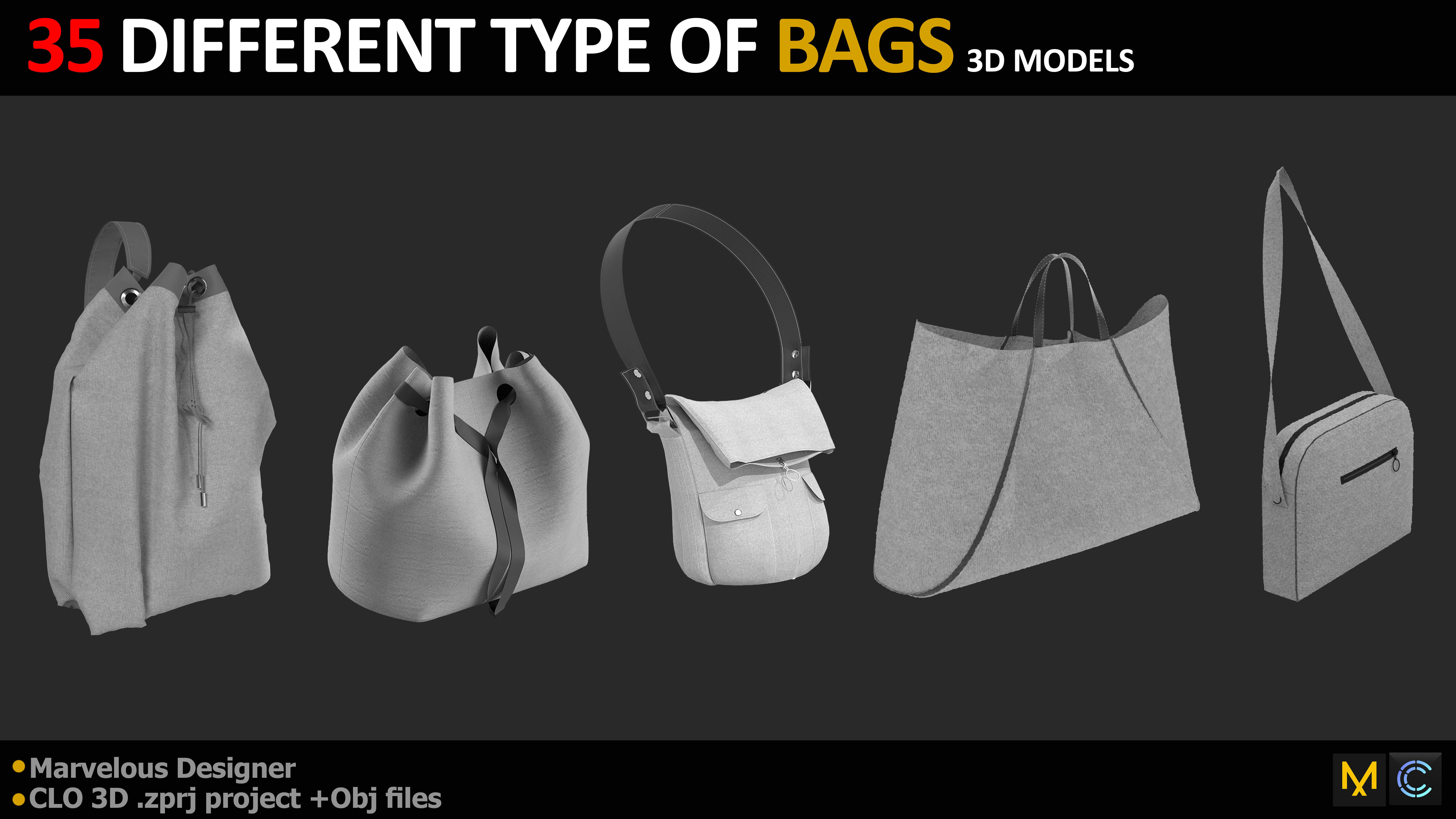 35 DIFFERENT TYPE OF BAGS BACKPACK BRIEFCASE PURSE Low-poly 3D model_1