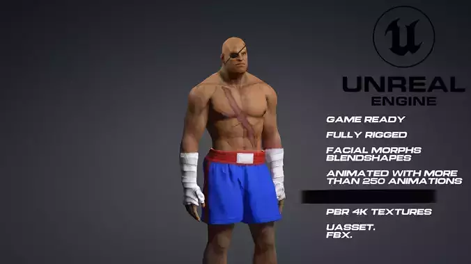 Sagat - Street Fighter - UE5 - face - animated game ready Low-poly 3D model