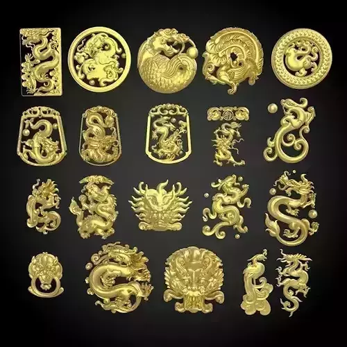 A set of Chinese dragon and phoenix carvings