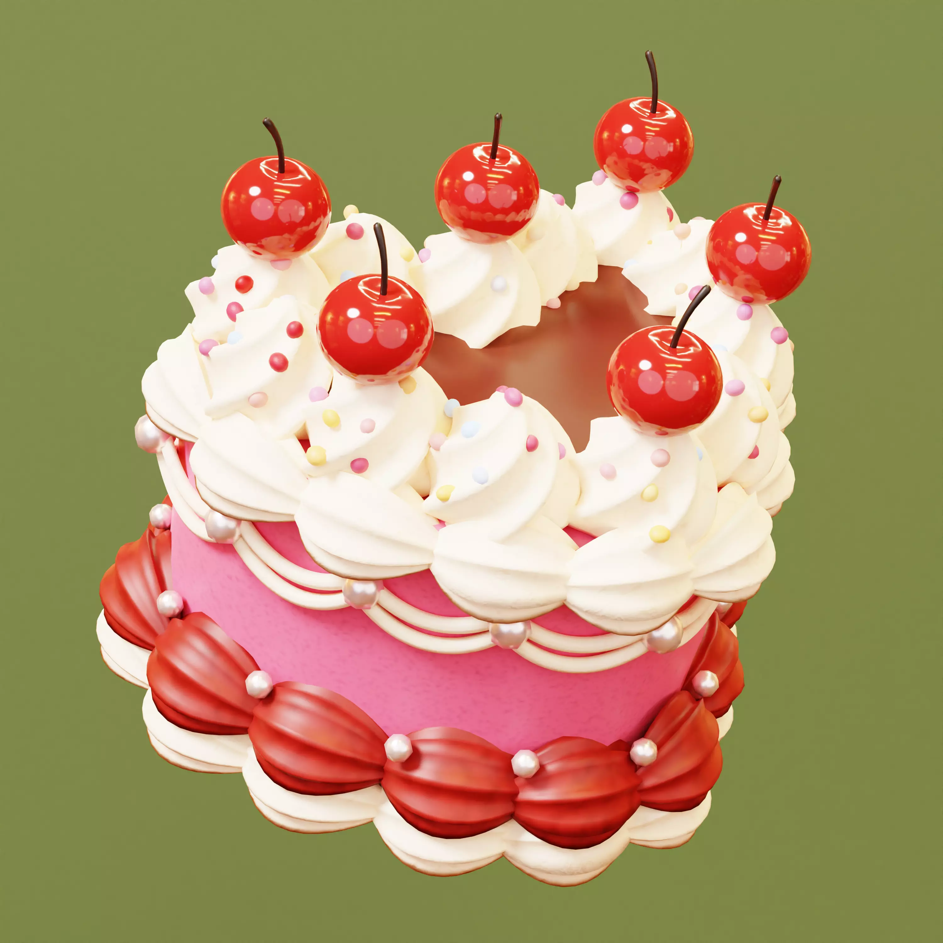 Cute Pink Heart Shaped Birthday or Wedding Cake 3D model