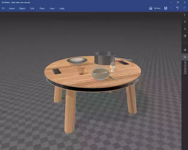 Round wooden table with a few utensils 
