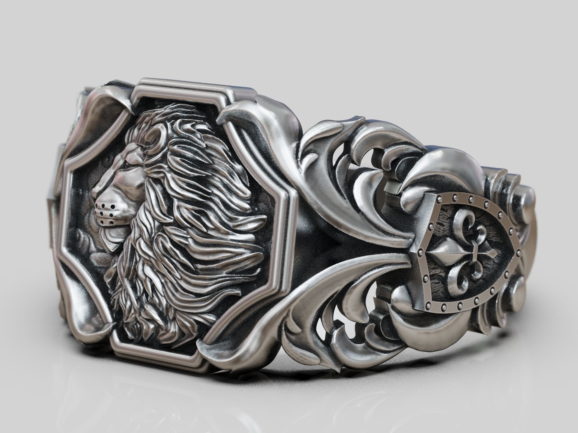 Lion baroque floral scrolls heraldic lily ring 3D print model_7