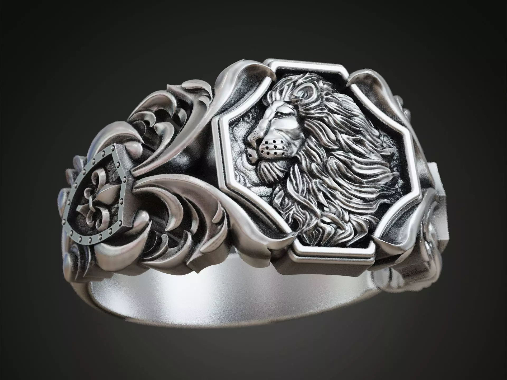 Lion baroque floral scrolls heraldic lily ring 3D print model_0