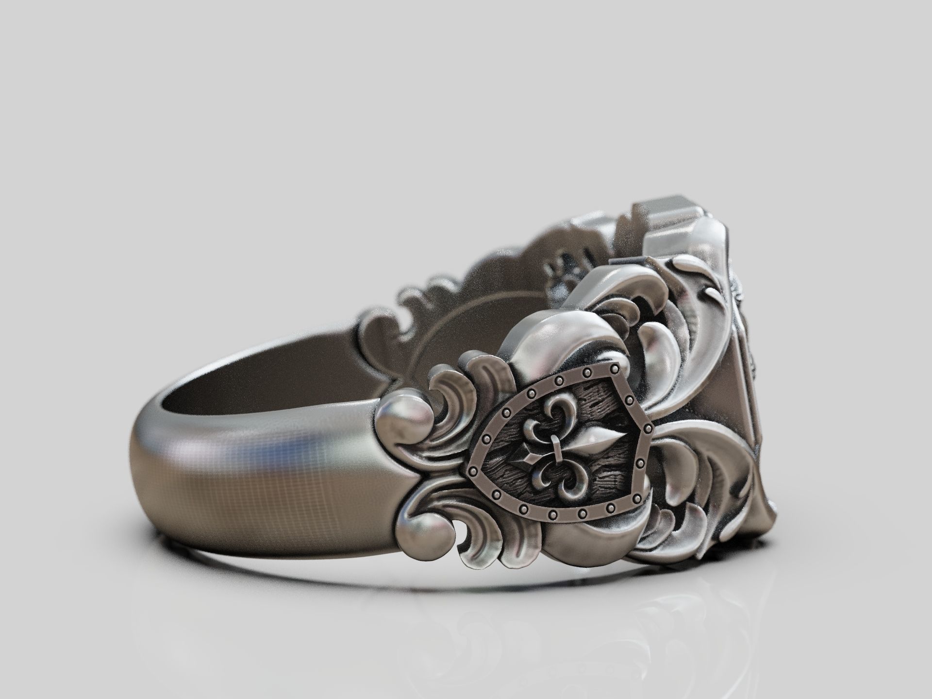 Lion baroque floral scrolls heraldic lily ring 3D print model_5