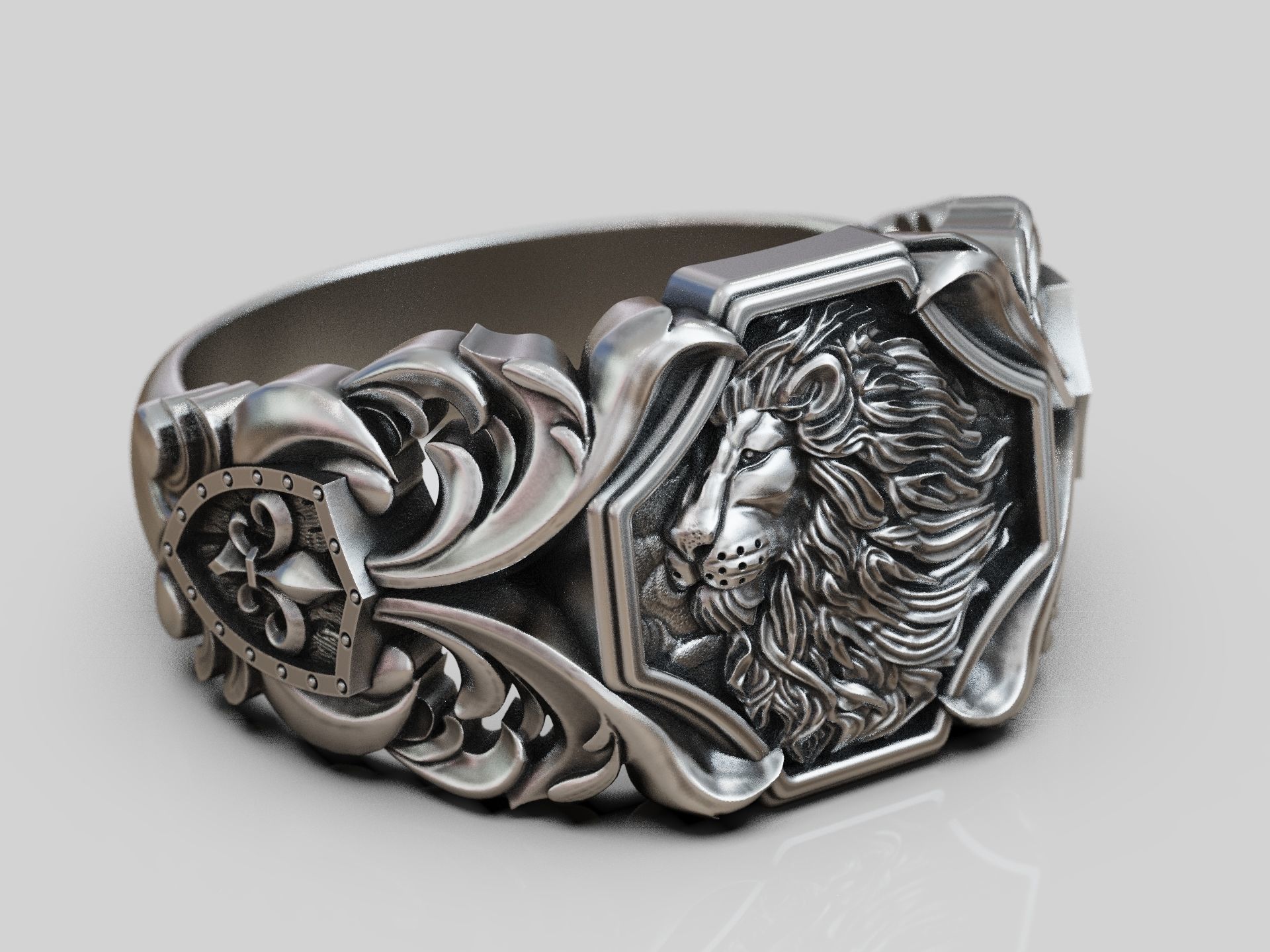 Lion baroque floral scrolls heraldic lily ring 3D print model_6