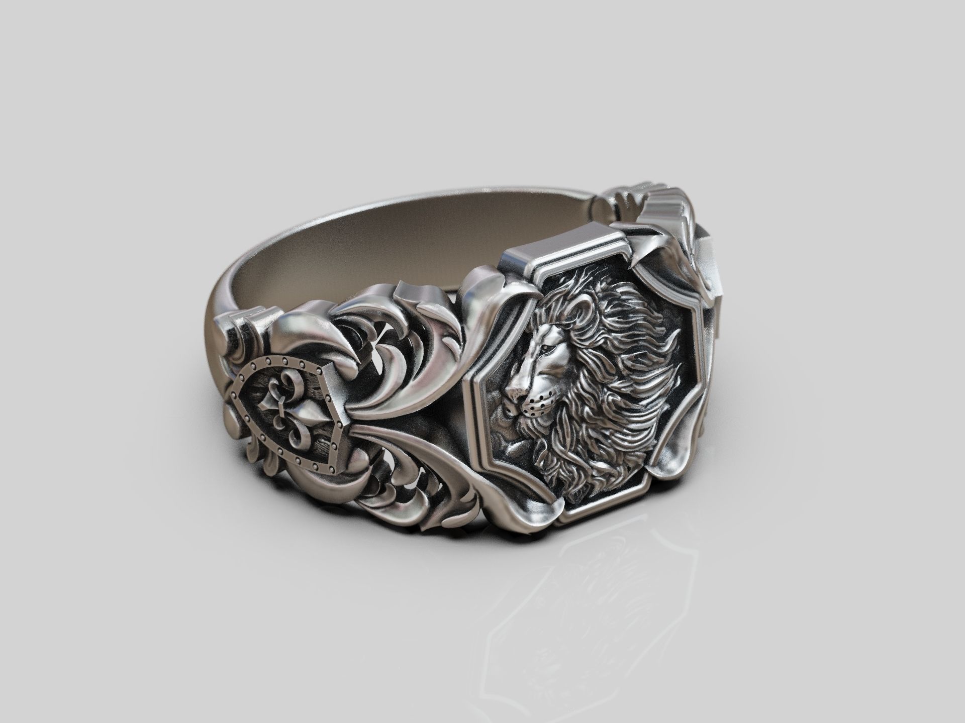 Lion baroque floral scrolls heraldic lily ring 3D print model_10
