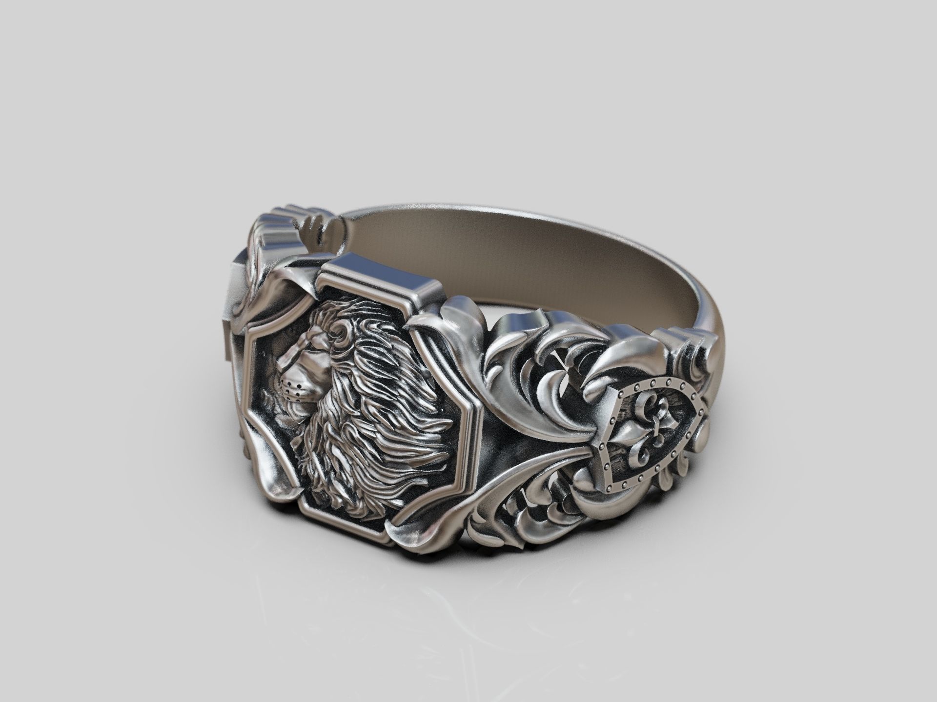 Lion baroque floral scrolls heraldic lily ring 3D print model_11