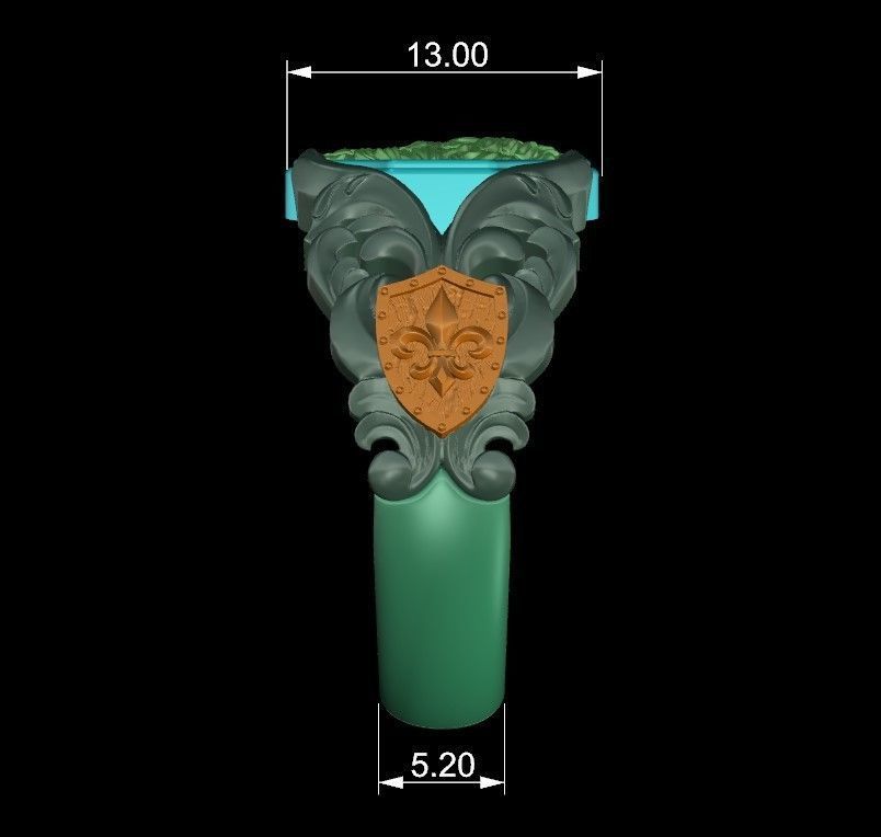 Lion baroque floral scrolls heraldic lily ring 3D print model_12