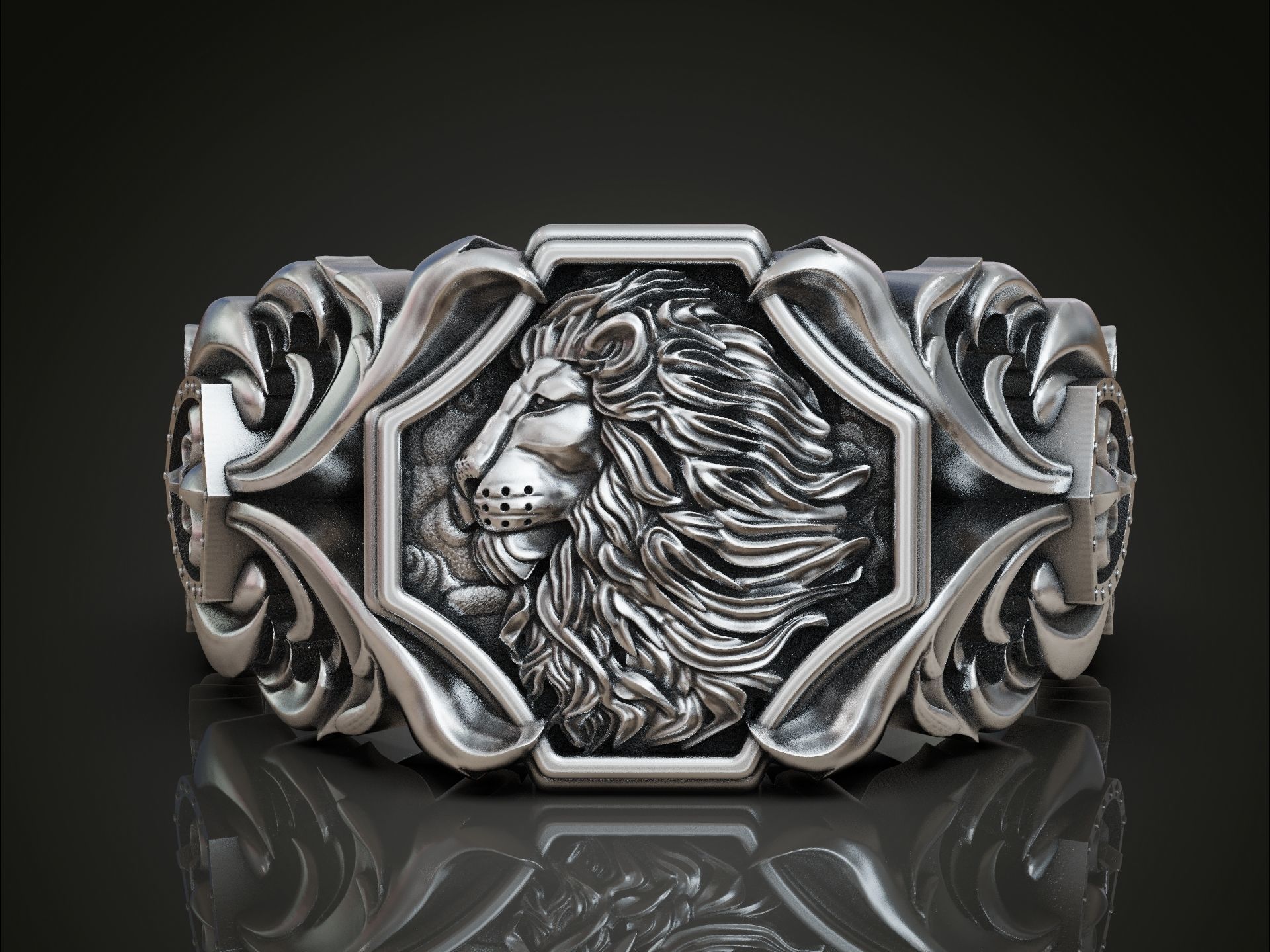 Lion baroque floral scrolls heraldic lily ring 3D print model_2