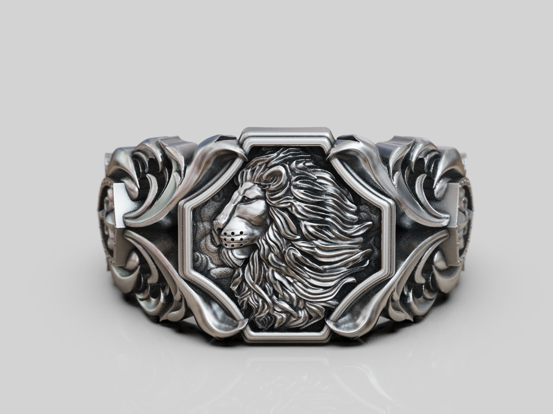 Lion baroque floral scrolls heraldic lily ring 3D print model_8