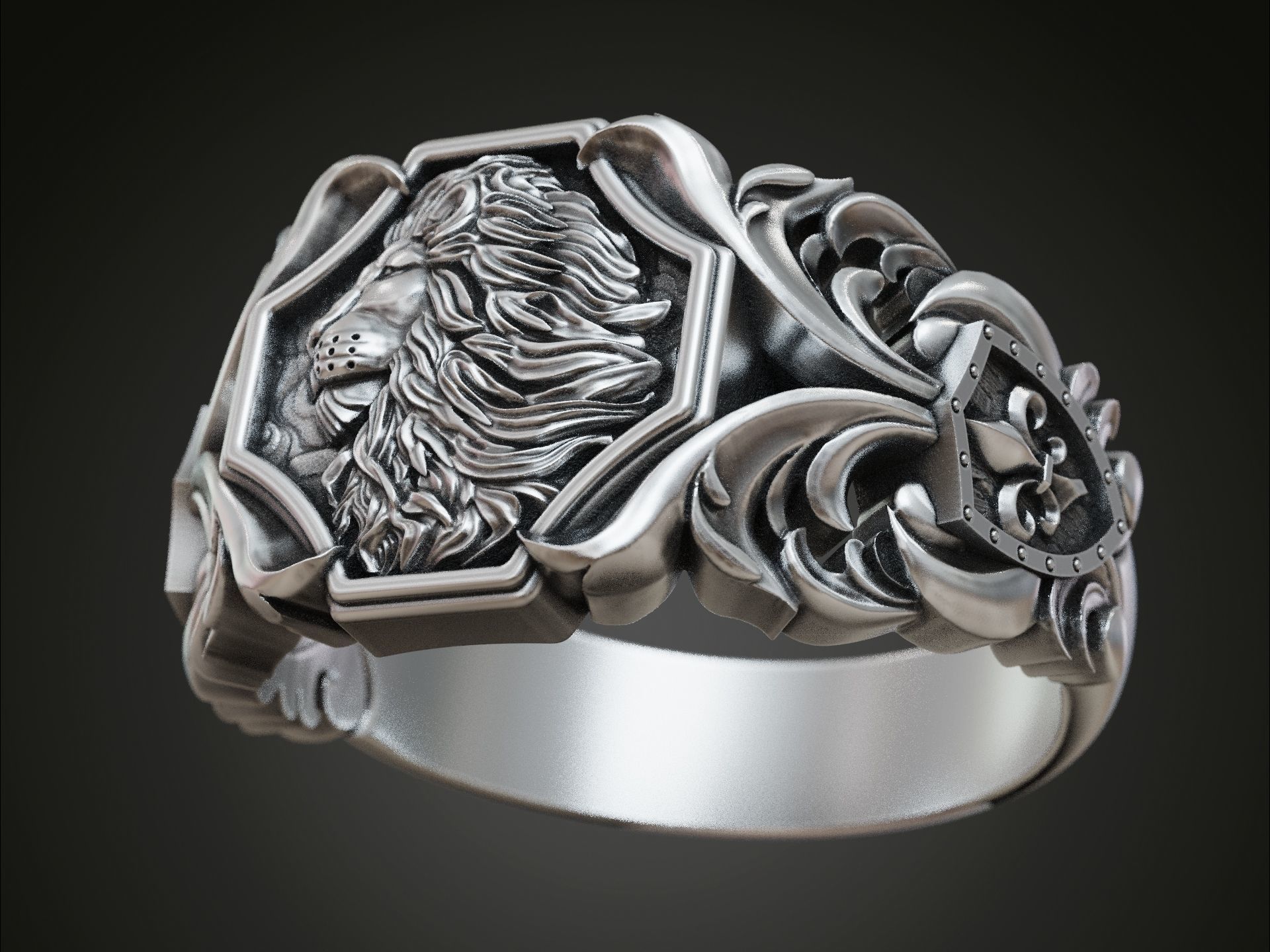Lion baroque floral scrolls heraldic lily ring 3D print model_1