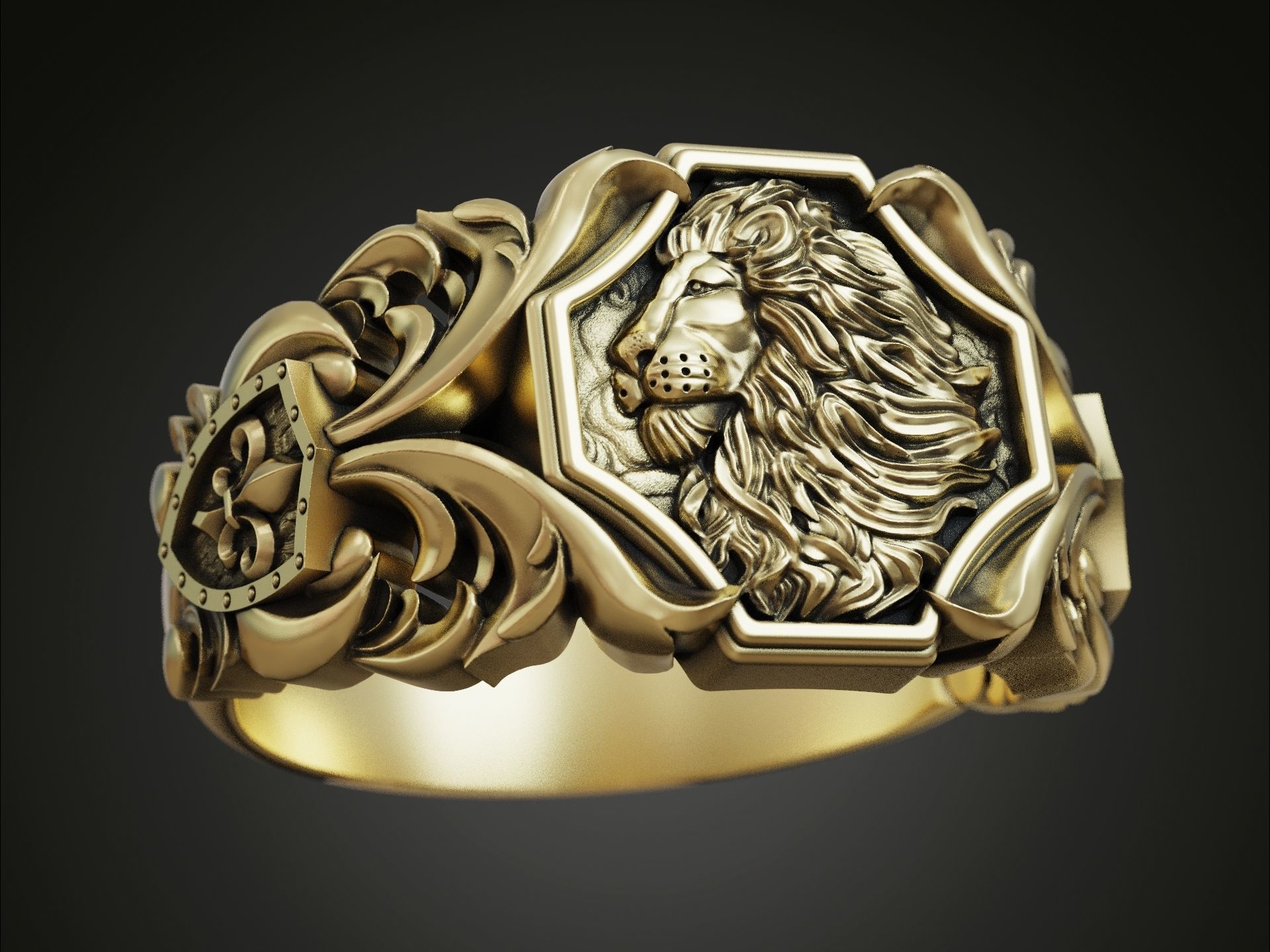 Lion baroque floral scrolls heraldic lily ring 3D print model_3