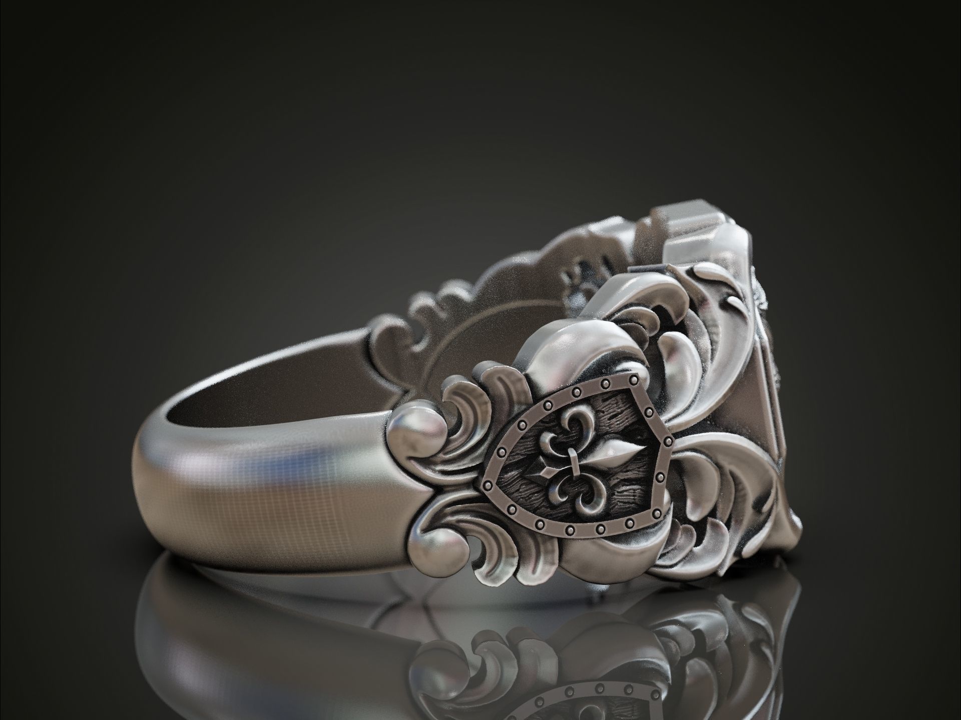 Lion baroque floral scrolls heraldic lily ring 3D print model_4