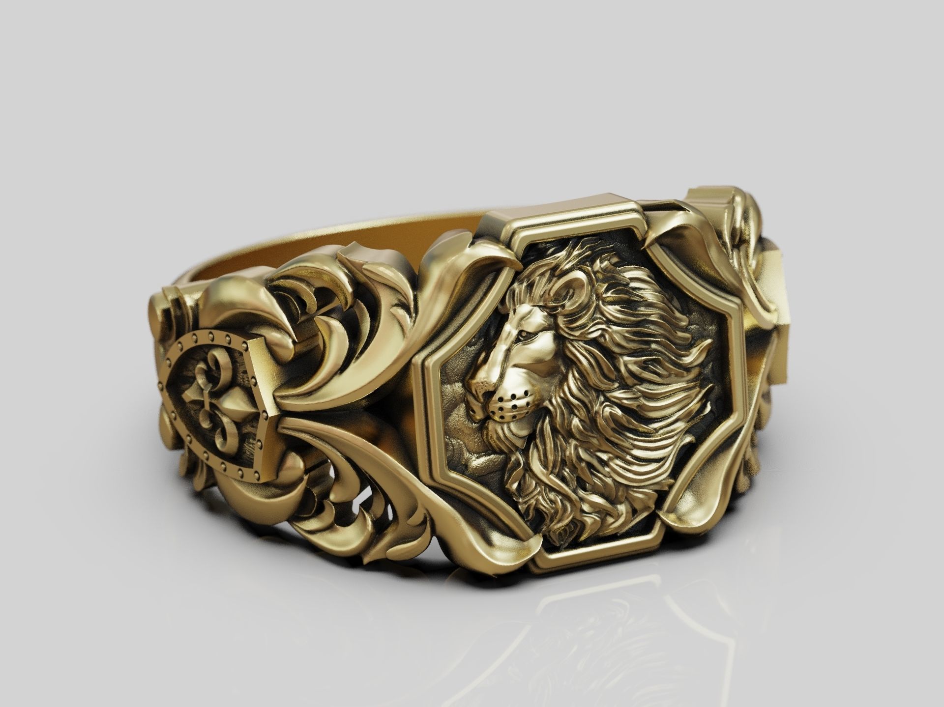 Lion baroque floral scrolls heraldic lily ring 3D print model_9