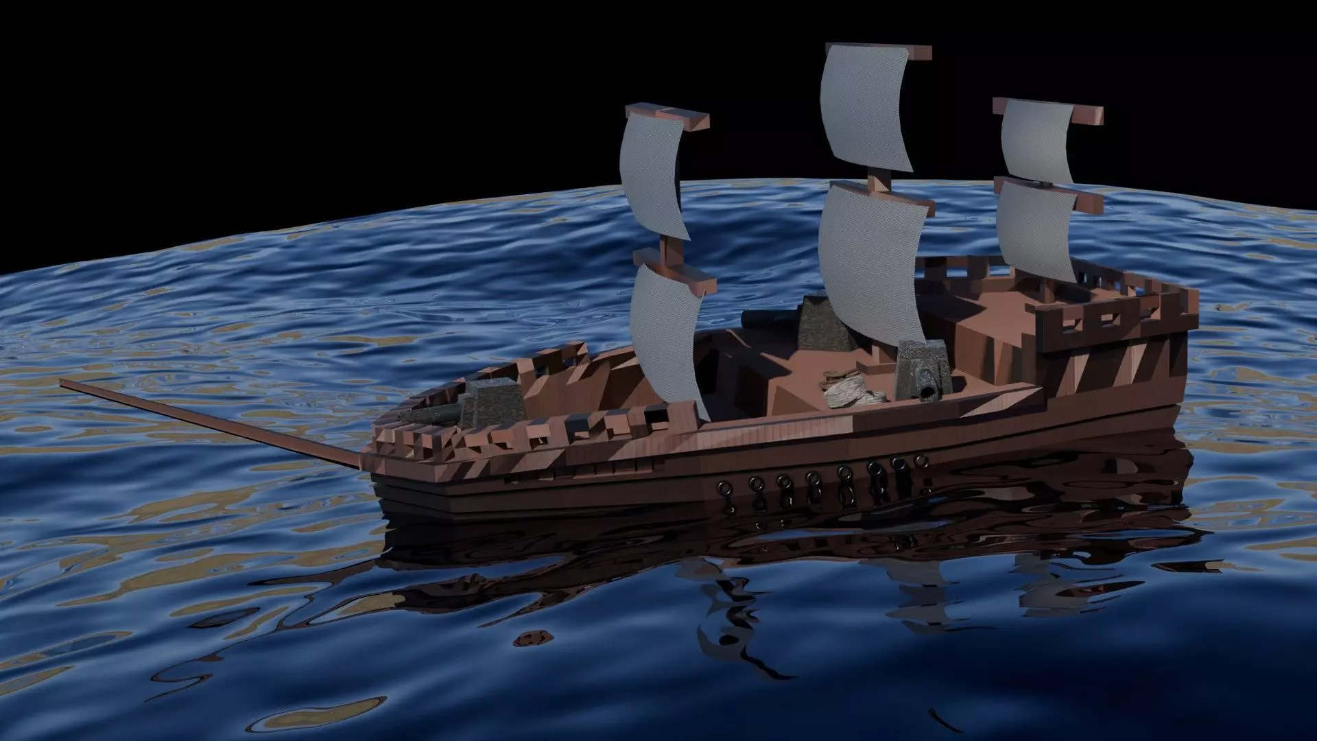 low poly Pirate ship with shaking animation in the ocean Low-poly 3D model_0