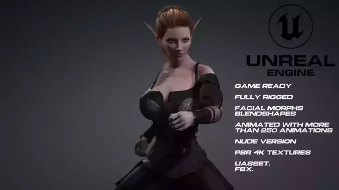 Female elf  full rigged - game ready - animated - nude version