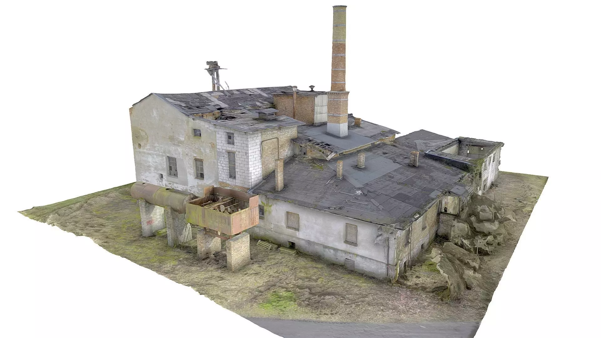 Facade of an abandoned factory with a chimney 3D model_0