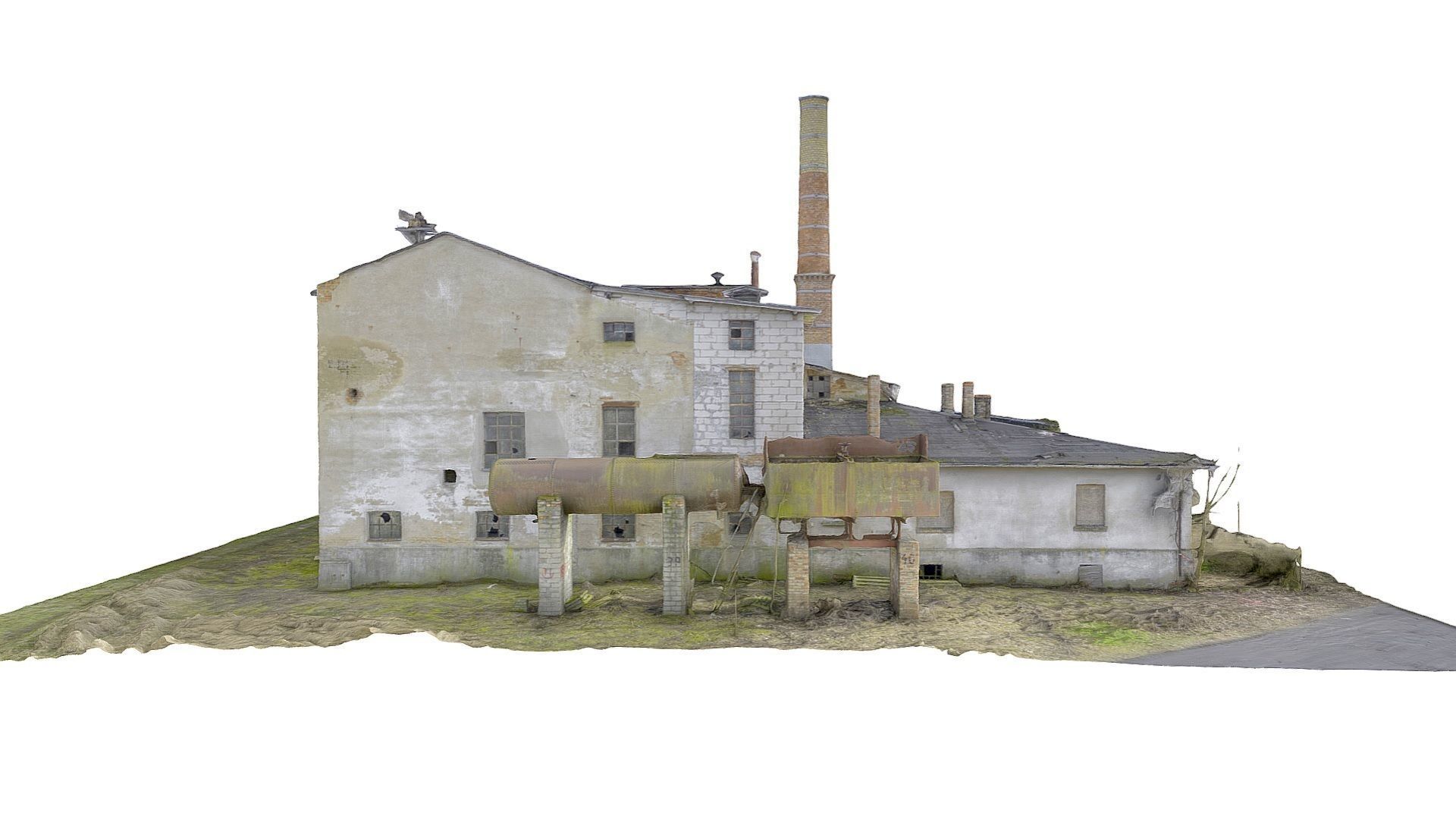 Facade of an abandoned factory with a chimney 3D model_1