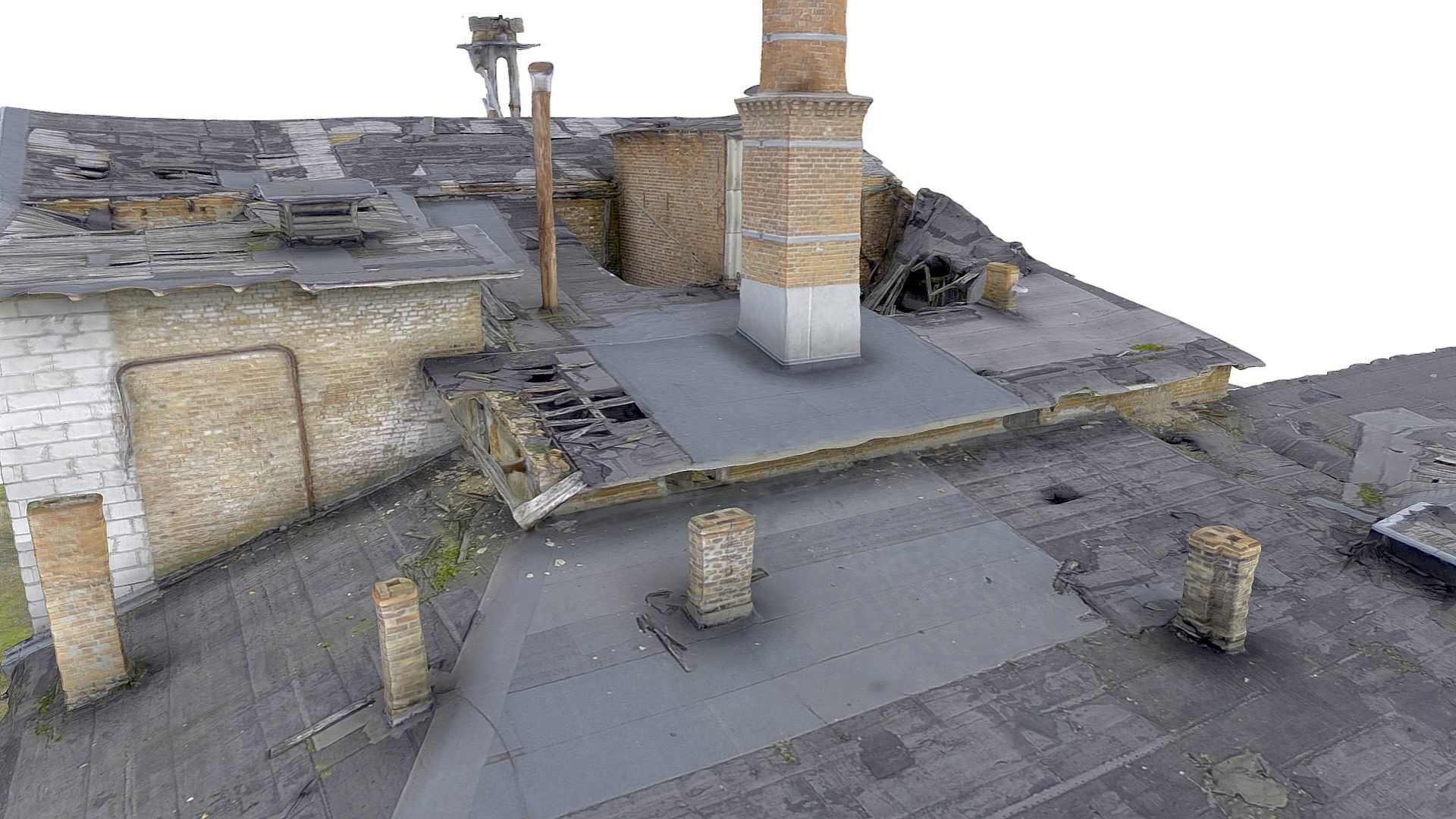 Facade of an abandoned factory with a chimney 3D model_7