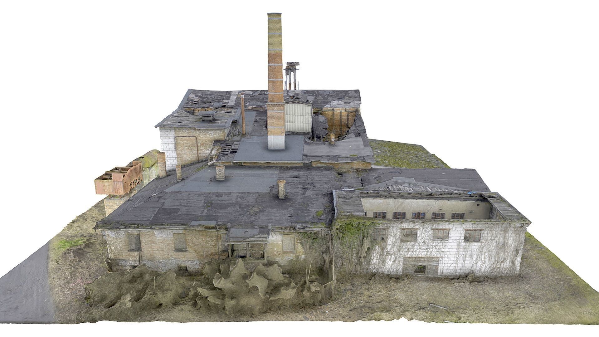 Facade of an abandoned factory with a chimney 3D model_6