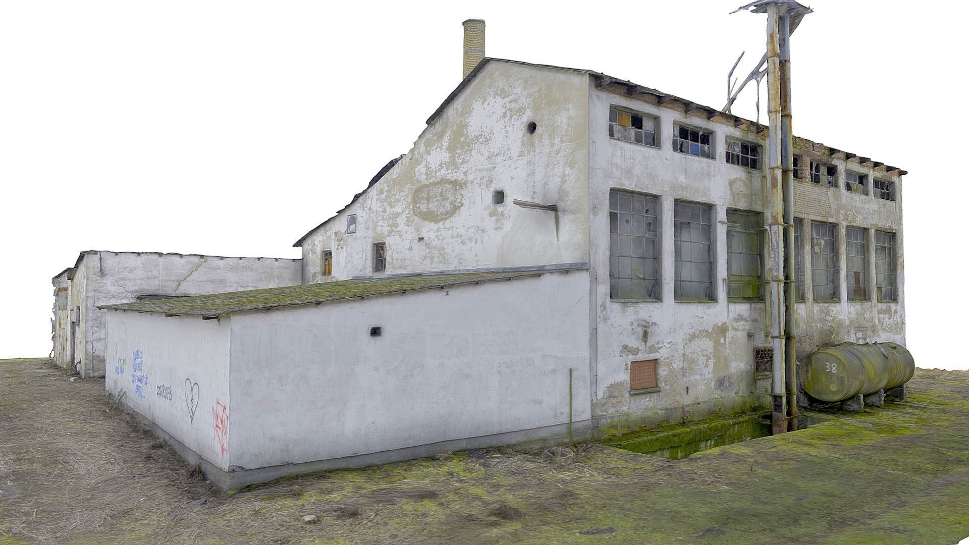 Facade of an abandoned factory with a chimney 3D model_3