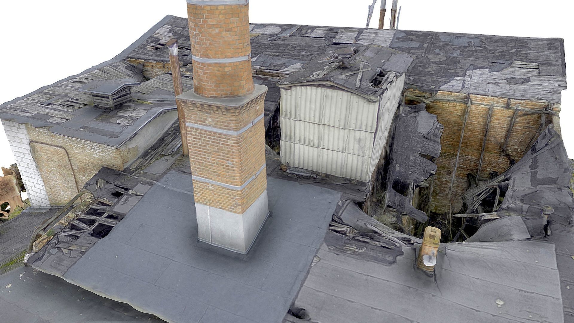 Facade of an abandoned factory with a chimney 3D model_8